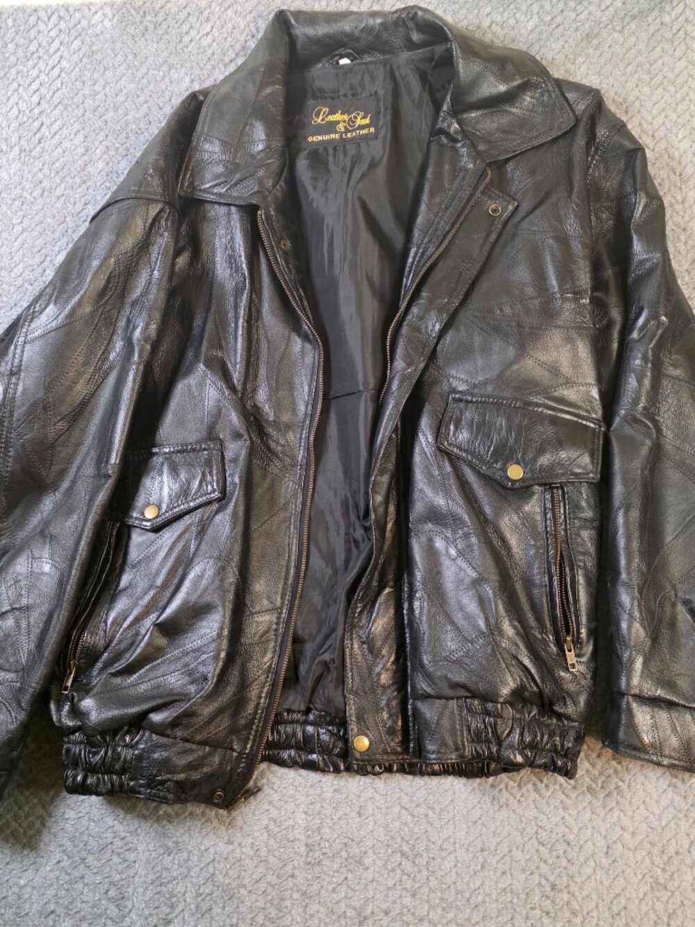 Vintage Genuine Leather Bomber Jacket Mens XL Black Oversized Patchwork Zip Coat